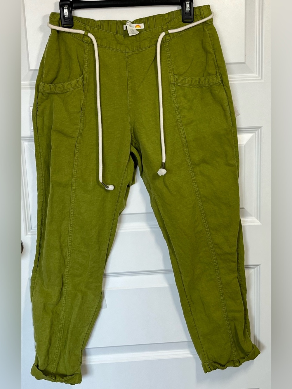 Green Linen Blend Drawstring Crop Pants Medium Boho Coastal Grandma